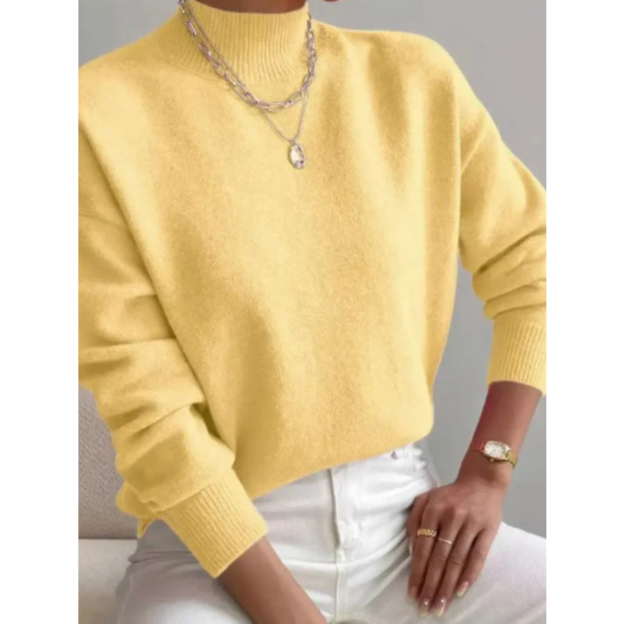Mock Neck Dropped Shoulder Sweater Light Yellow / S Apparel and Accessories