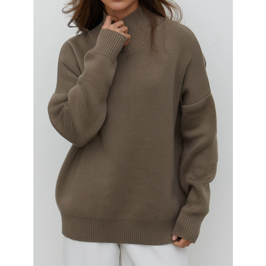 Mock Neck Dropped Shoulder Sweater Olive Brown / One Size