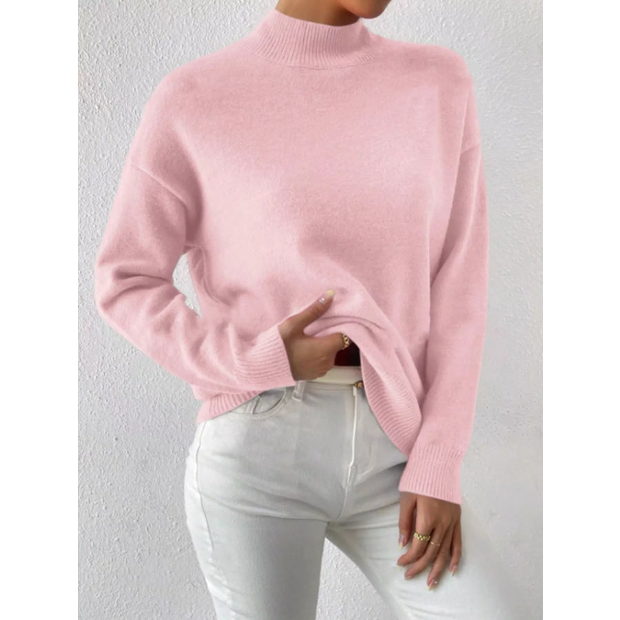 Mock Neck Dropped Shoulder Sweater Pink / S Apparel and Accessories