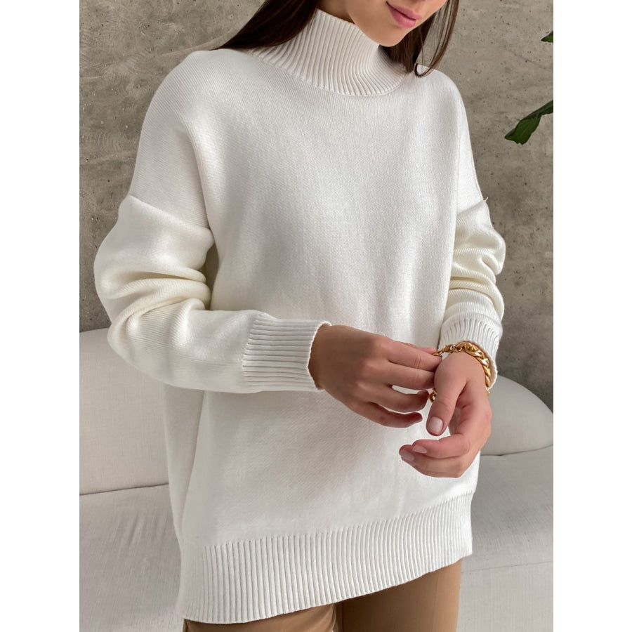 Mock Neck Dropped Shoulder Sweater White / One Size