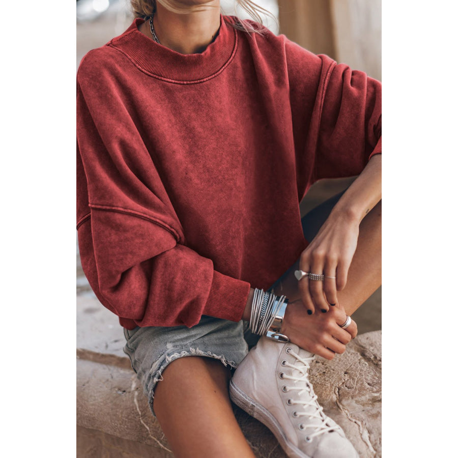 Mock Neck Dropped Shoulder Sweatshirt Deep Red / S Apparel and Accessories