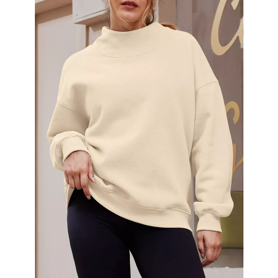 Mock Neck Dropped Shoulder Sweatshirt Apricot / S Apparel and Accessories