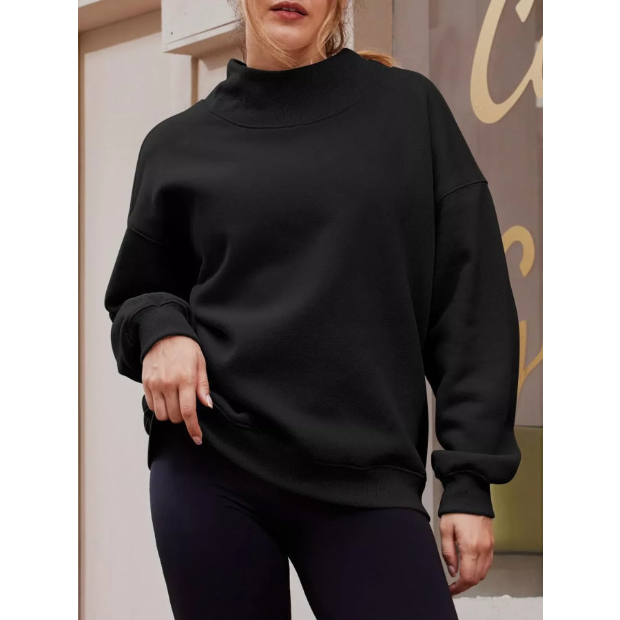 Mock Neck Dropped Shoulder Sweatshirt Black / S Apparel and Accessories