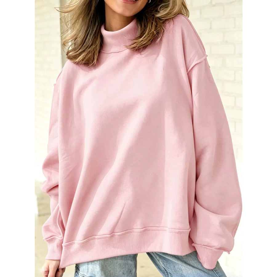 Mock Neck Dropped Shoulder Sweatshirt Blush Pink / S Apparel and Accessories