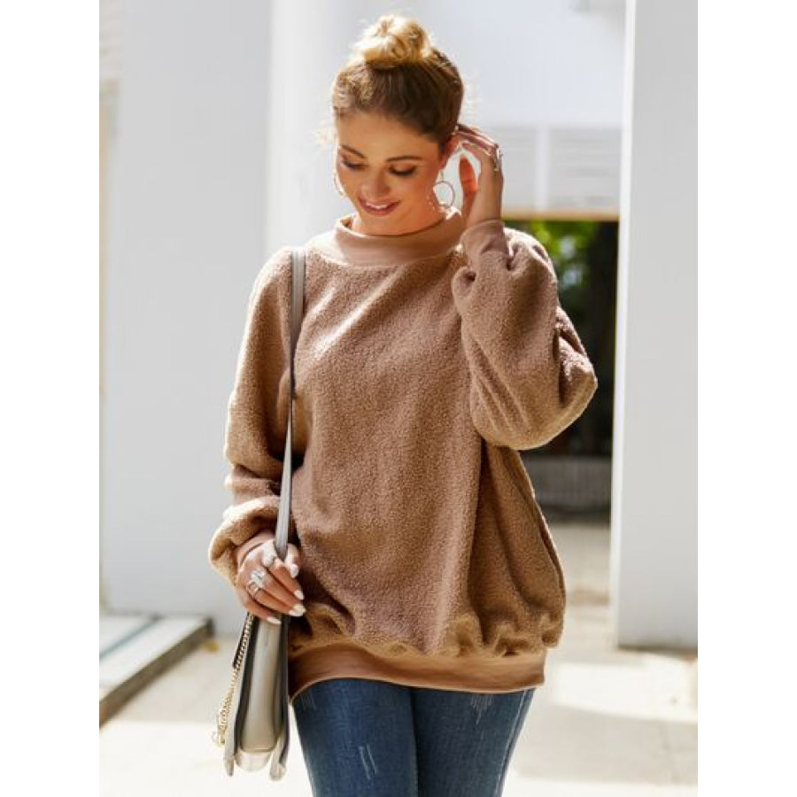 Mock Neck Dropped Shoulder Sweatshirt Camel / S Apparel and Accessories