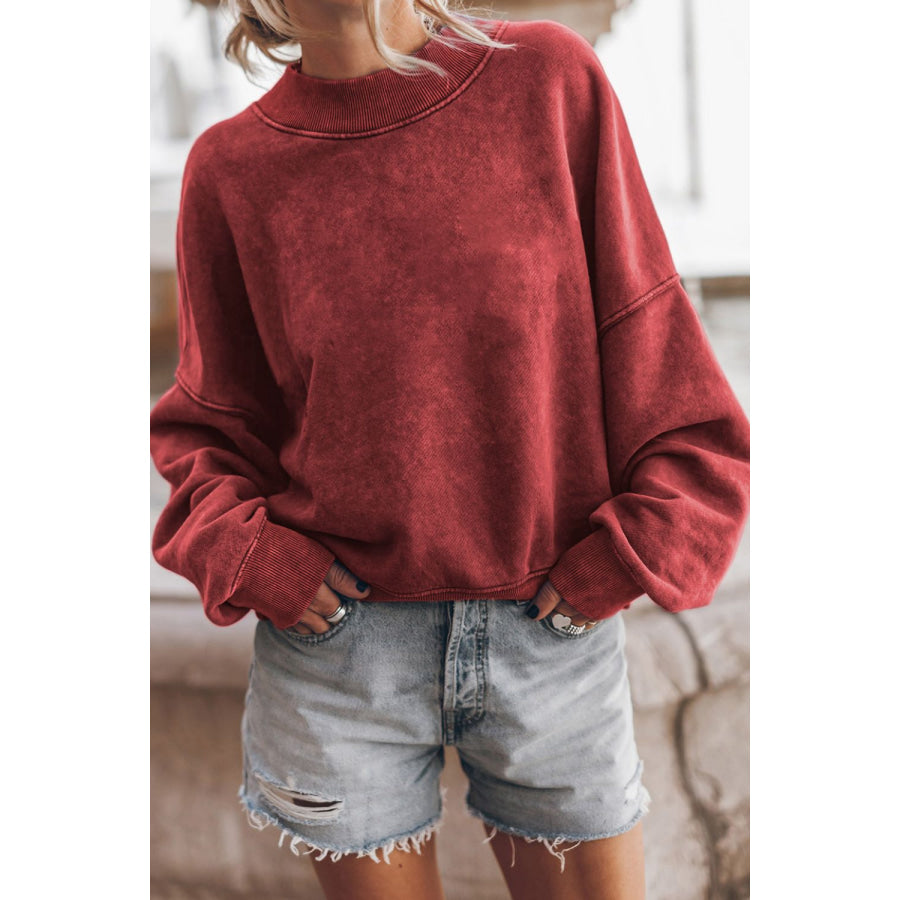 Mock Neck Dropped Shoulder Sweatshirt Deep Red / S Apparel and Accessories