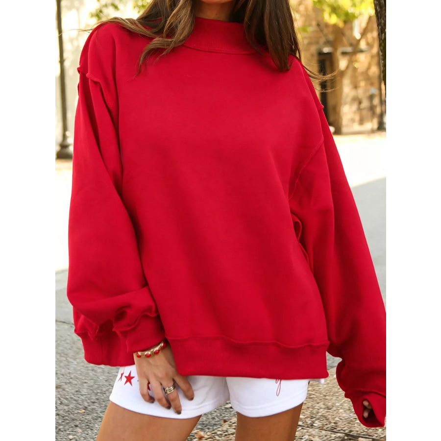 Mock Neck Dropped Shoulder Sweatshirt Deep Red / S Apparel and Accessories