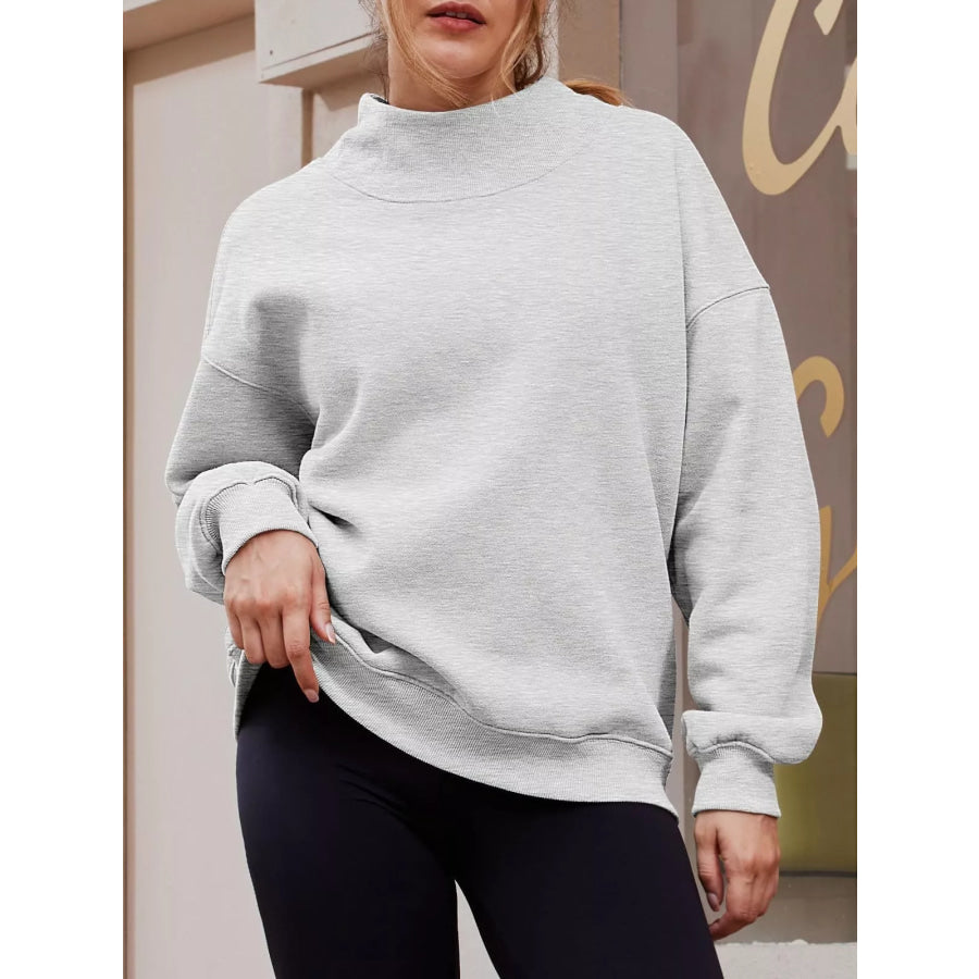 Mock Neck Dropped Shoulder Sweatshirt Light Gray / S Apparel and Accessories
