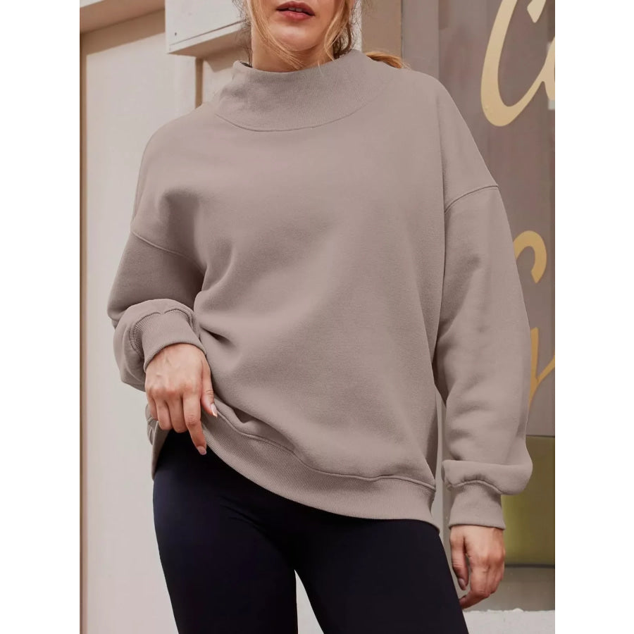 Mock Neck Dropped Shoulder Sweatshirt Mocha / S Apparel and Accessories