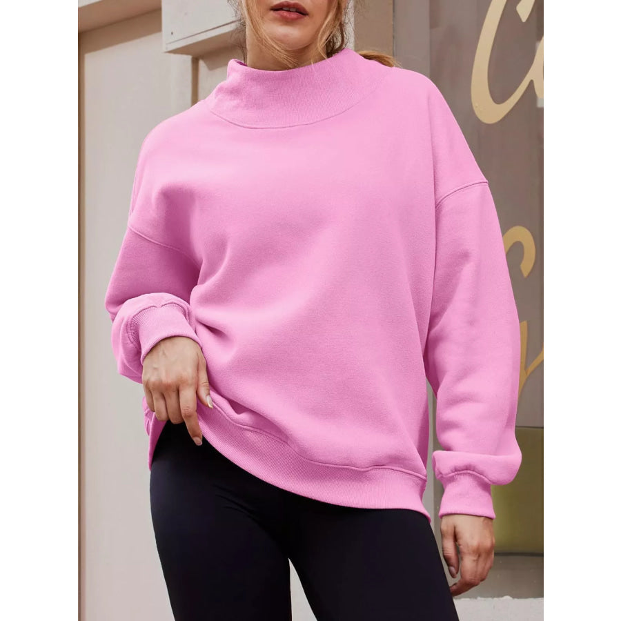 Mock Neck Dropped Shoulder Sweatshirt Pink / S Apparel and Accessories