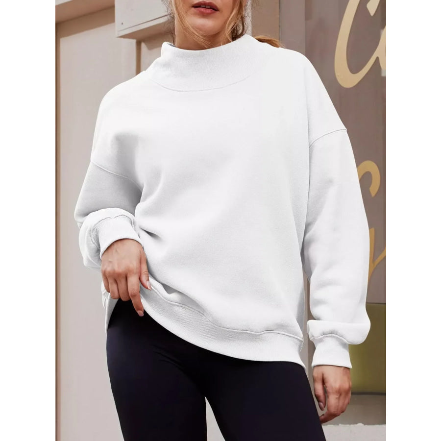 Mock Neck Dropped Shoulder Sweatshirt White / S Apparel and Accessories
