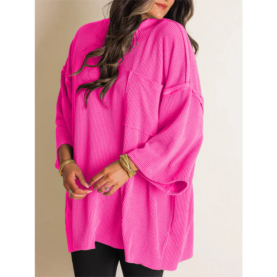Mock Neck Dropped Shoulder T-Shirt Hot Pink / S Apparel and Accessories