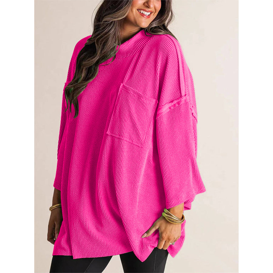 Mock Neck Dropped Shoulder T-Shirt Hot Pink / S Apparel and Accessories