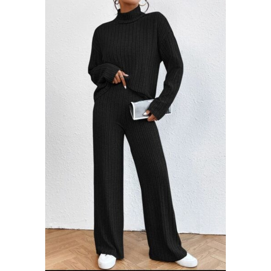 Mock Neck Dropped Shoulder Top and Pants Set Black / S Clothing