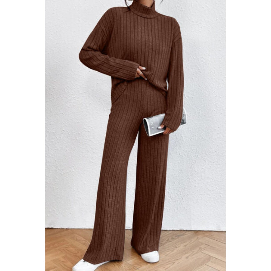 Mock Neck Dropped Shoulder Top and Pants Set Chocolate / S Clothing