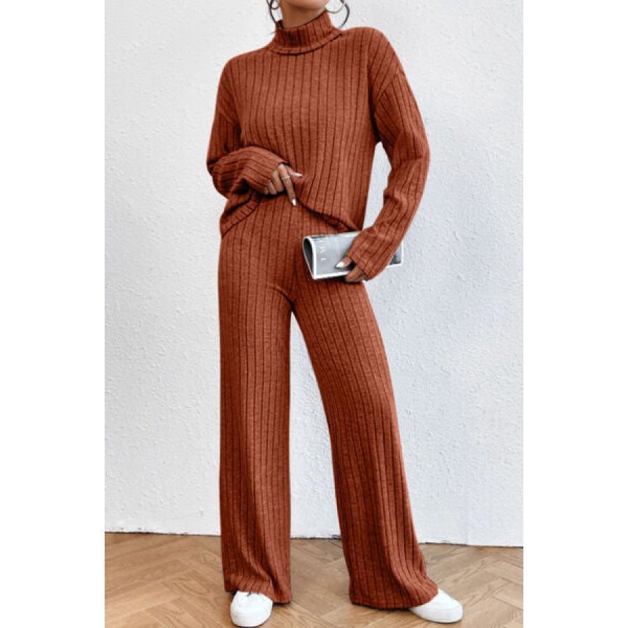 Mock Neck Dropped Shoulder Top and Pants Set Clothing