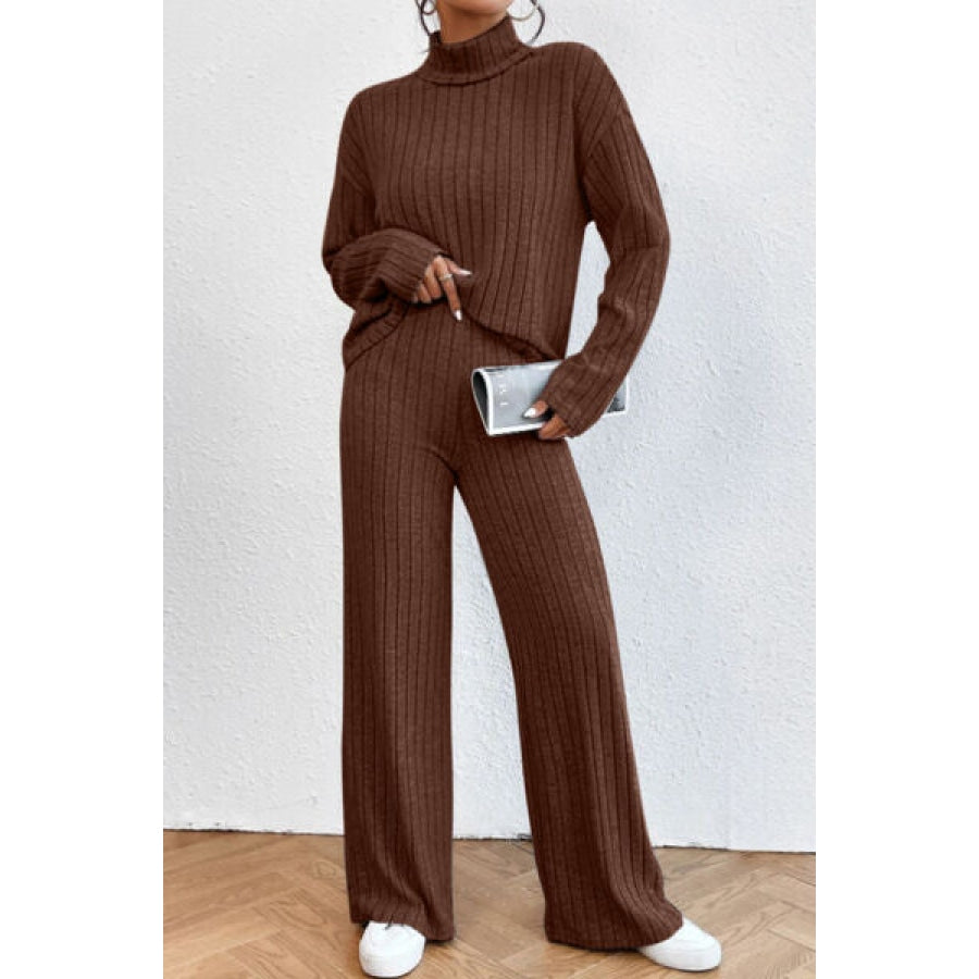 Mock Neck Dropped Shoulder Top and Pants Set Clothing