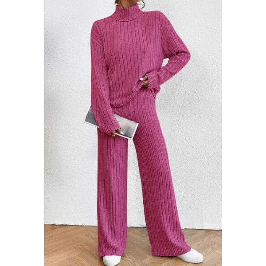 Mock Neck Dropped Shoulder Top and Pants Set Hot Pink / S Clothing