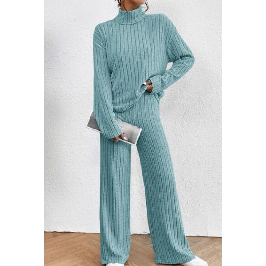 Mock Neck Dropped Shoulder Top and Pants Set Mint Blue / S Clothing