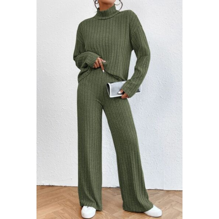 Mock Neck Dropped Shoulder Top and Pants Set Moss / S Clothing