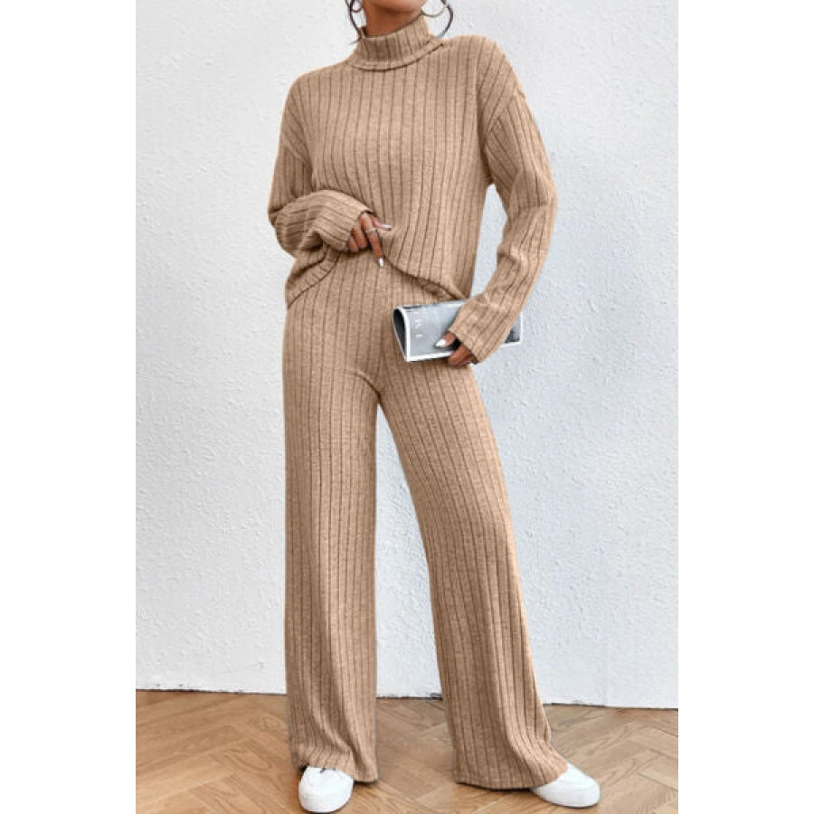 Mock Neck Dropped Shoulder Top and Pants Set Tan / S Clothing