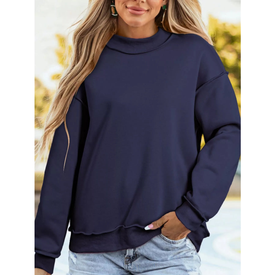 Mock Neck Exposed Seam Long Sleeve Sweatshirt Navy Blue / S Apparel and Accessories