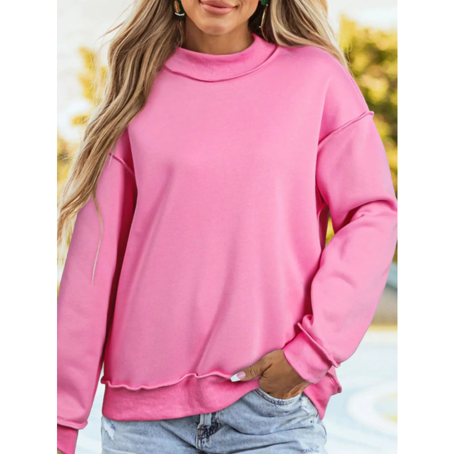 Mock Neck Exposed Seam Long Sleeve Sweatshirt Rose Red / S Apparel and Accessories