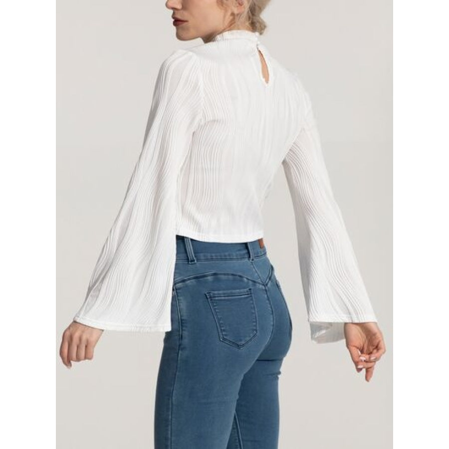 Mock Neck Flare Sleeve Blouse White / S Apparel and Accessories