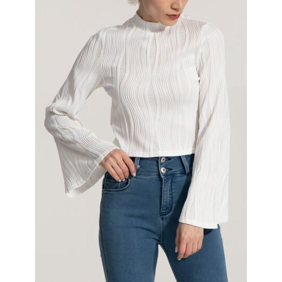 Mock Neck Flare Sleeve Blouse White / S Apparel and Accessories