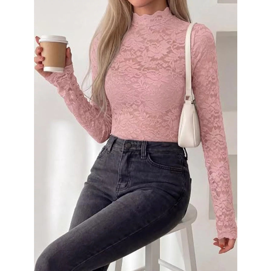 Mock Neck Floral Lace Long Sleeve Blouse Apparel and Accessories