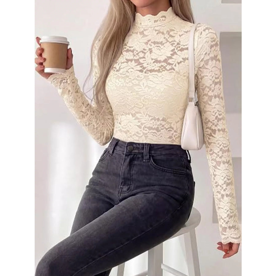 Mock Neck Floral Lace Long Sleeve Blouse Apparel and Accessories