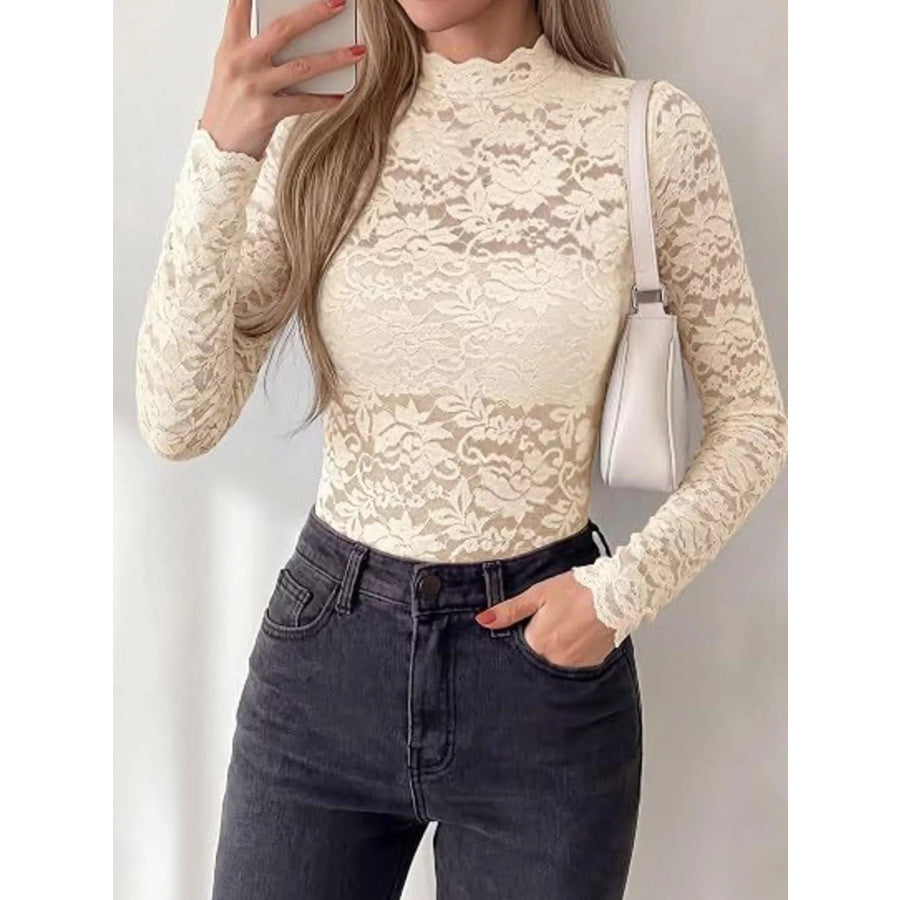 Mock Neck Floral Lace Long Sleeve Blouse Apparel and Accessories
