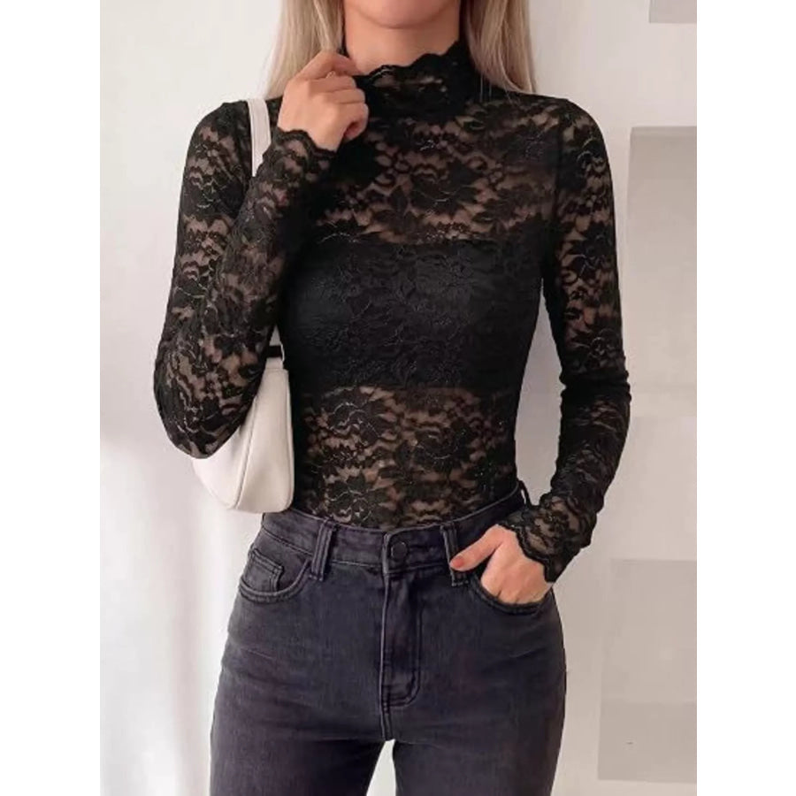Mock Neck Floral Lace Long Sleeve Blouse Apparel and Accessories