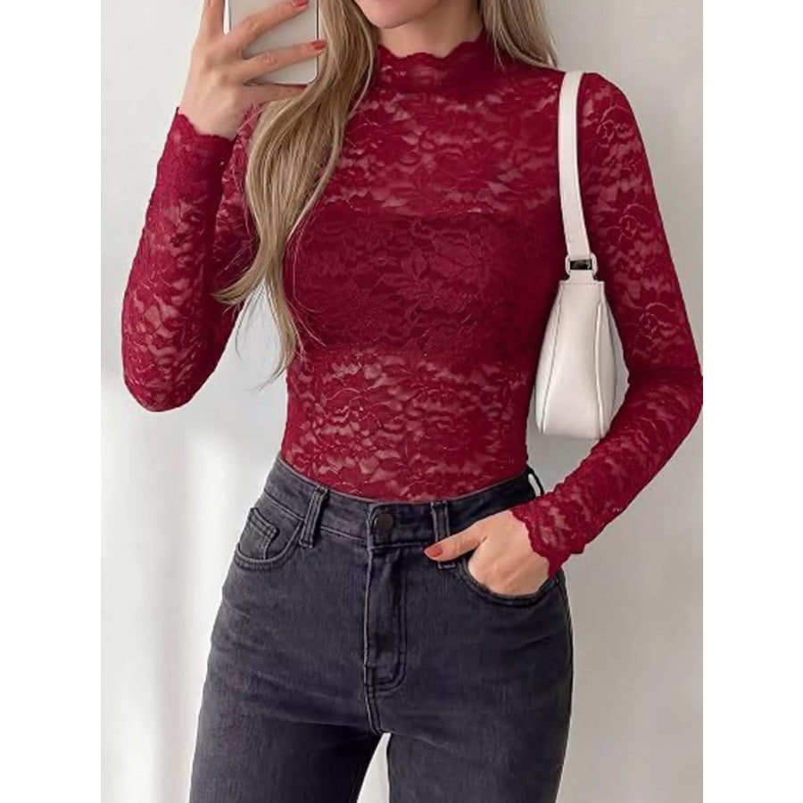 Mock Neck Floral Lace Long Sleeve Blouse Apparel and Accessories