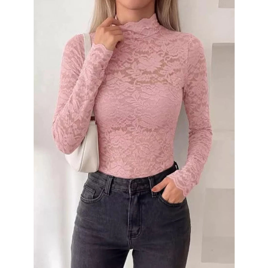 Mock Neck Floral Lace Long Sleeve Blouse Apparel and Accessories