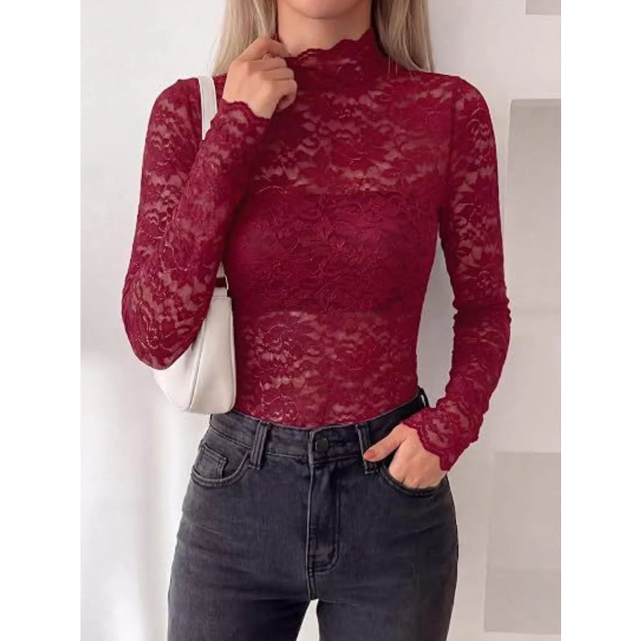 Mock Neck Floral Lace Long Sleeve Blouse Apparel and Accessories