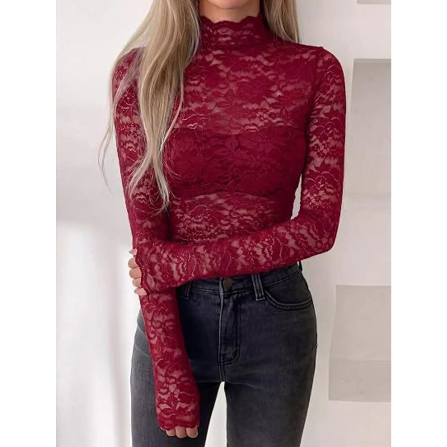 Mock Neck Floral Lace Long Sleeve Blouse Apparel and Accessories