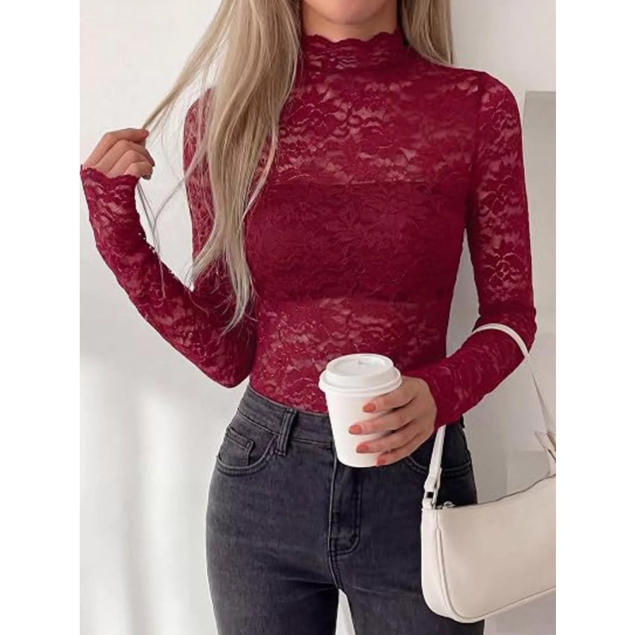 Mock Neck Floral Lace Long Sleeve Blouse Apparel and Accessories