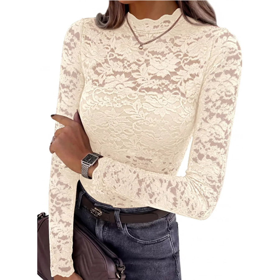 Mock Neck Floral Lace Long Sleeve Blouse Apricot / S Apparel and Accessories