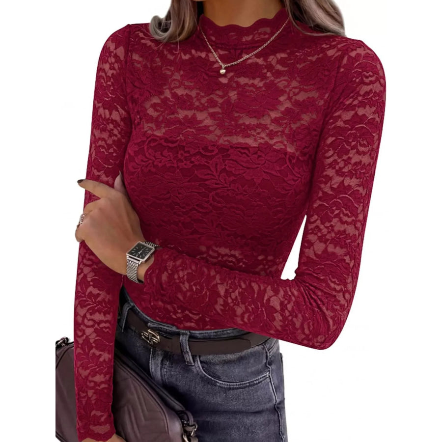 Mock Neck Floral Lace Long Sleeve Blouse Burgundy / S Apparel and Accessories