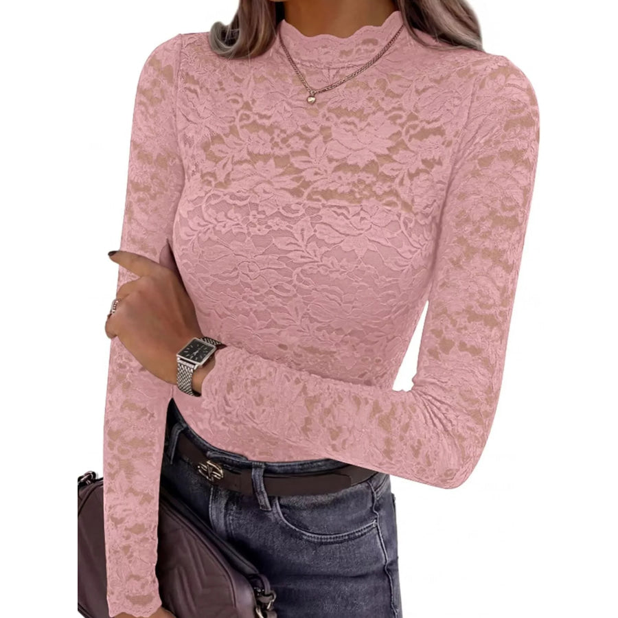 Mock Neck Floral Lace Long Sleeve Blouse Pink / S Apparel and Accessories