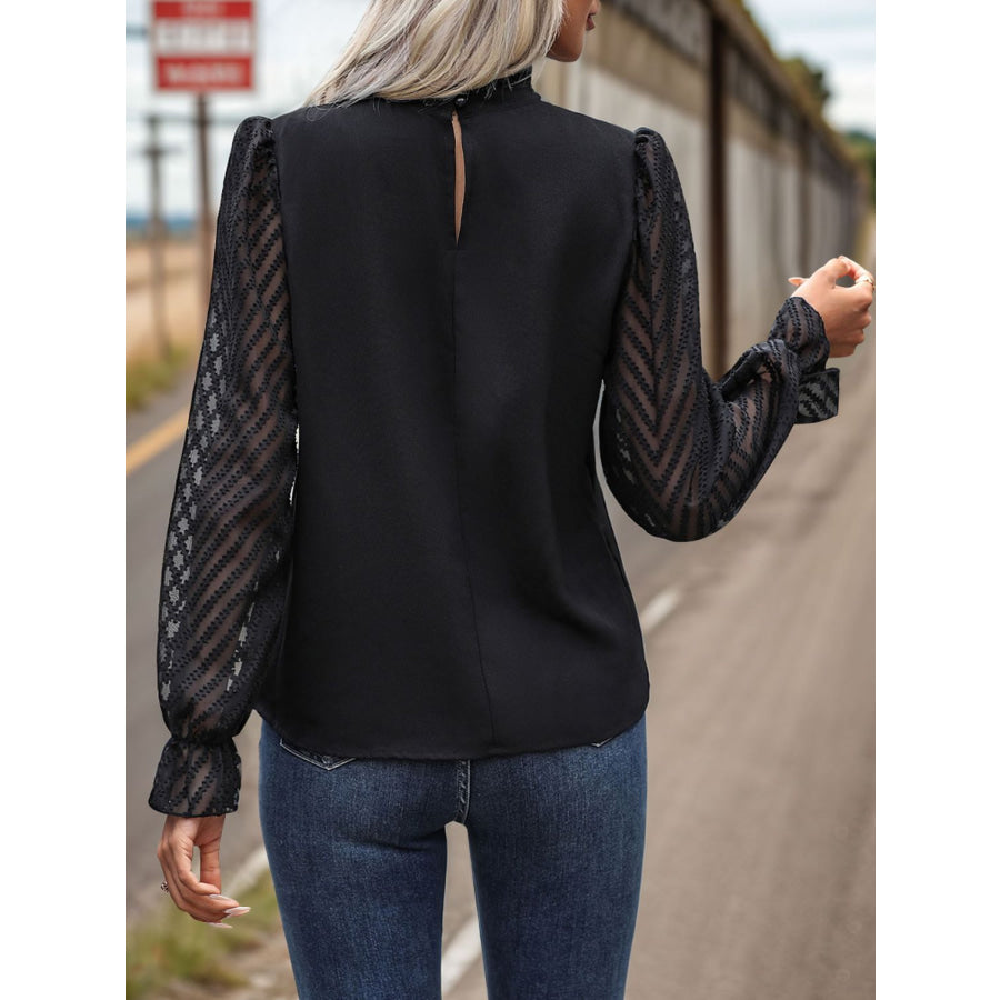 Mock Neck Flounce Sleeve Blouse Black / S Apparel and Accessories