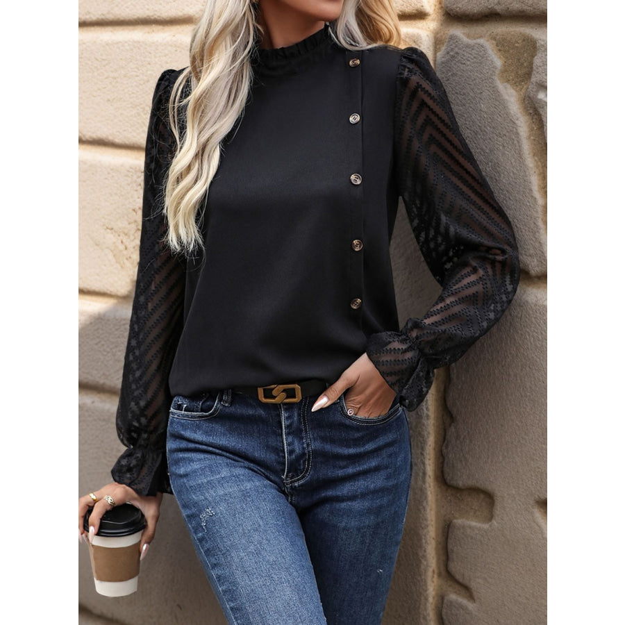 Mock Neck Flounce Sleeve Blouse Black / S Apparel and Accessories