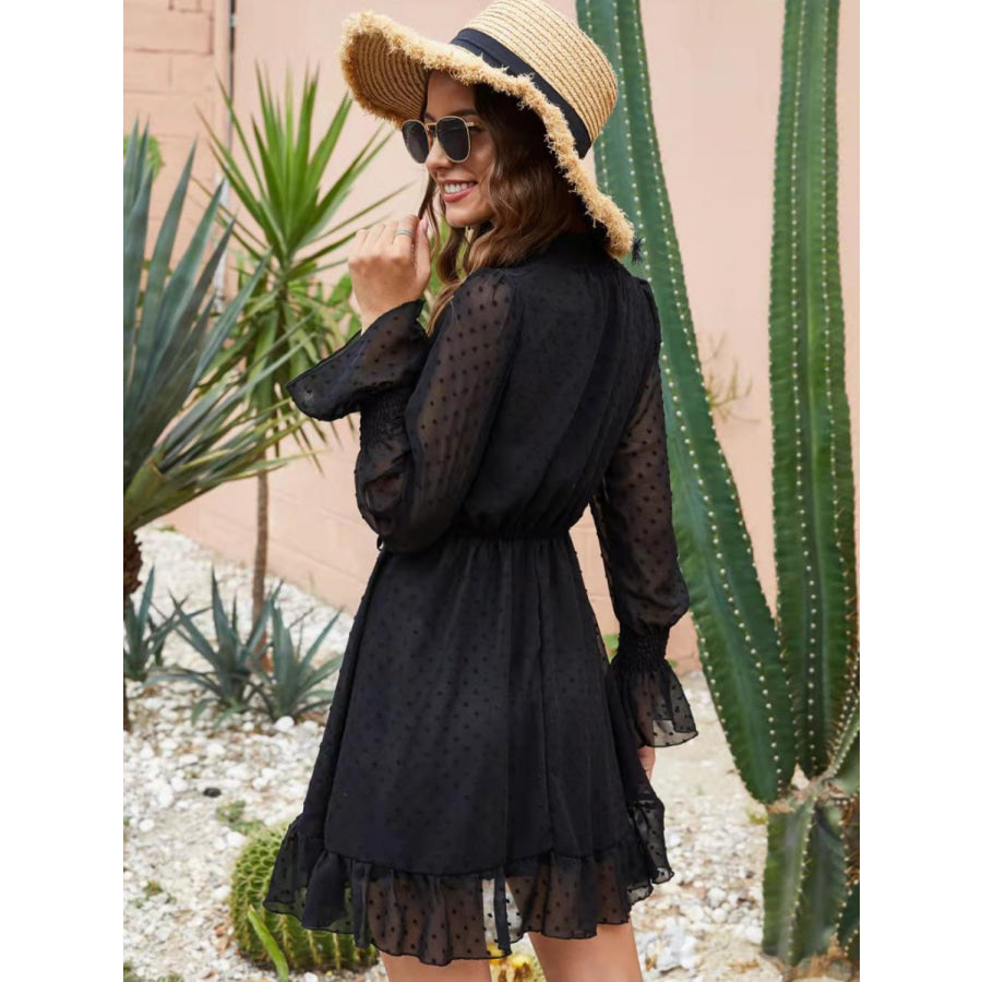 Mock Neck Flounce Sleeve Mini Dress Black / S Apparel and Accessories