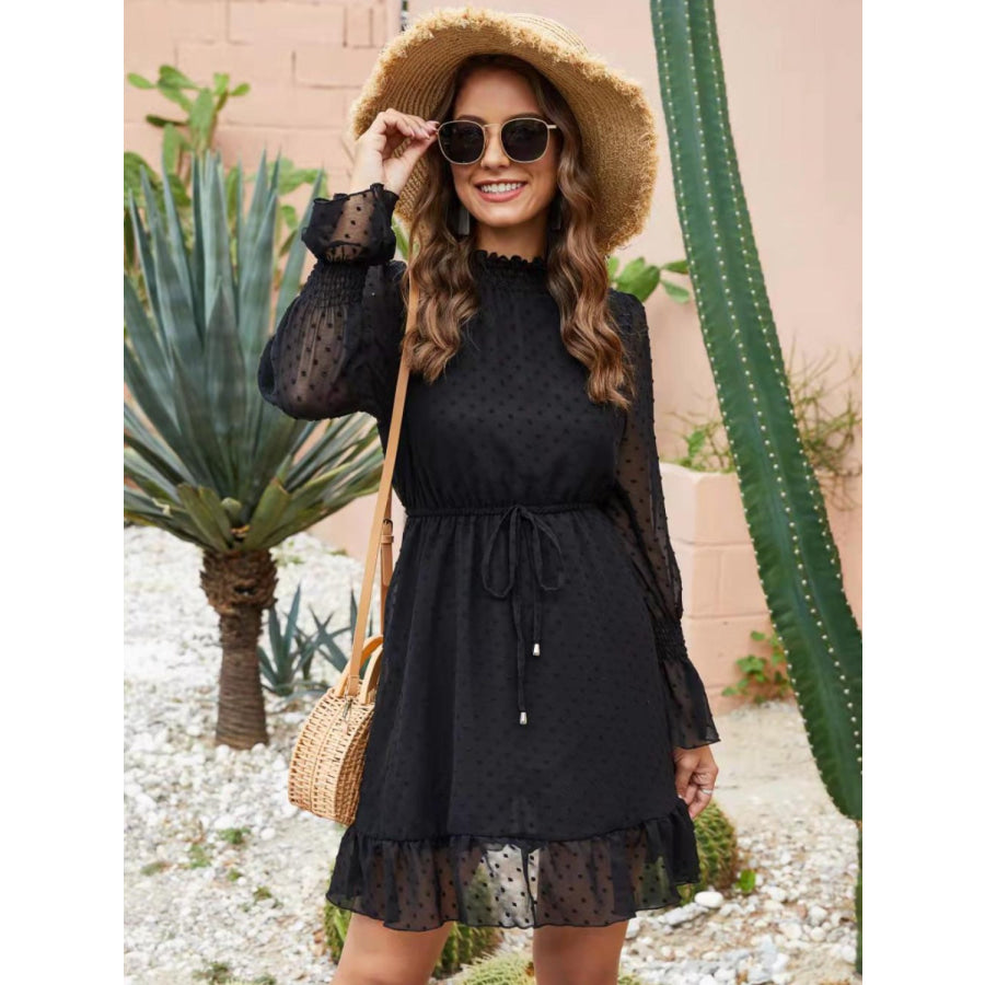 Mock Neck Flounce Sleeve Mini Dress Black / S Apparel and Accessories