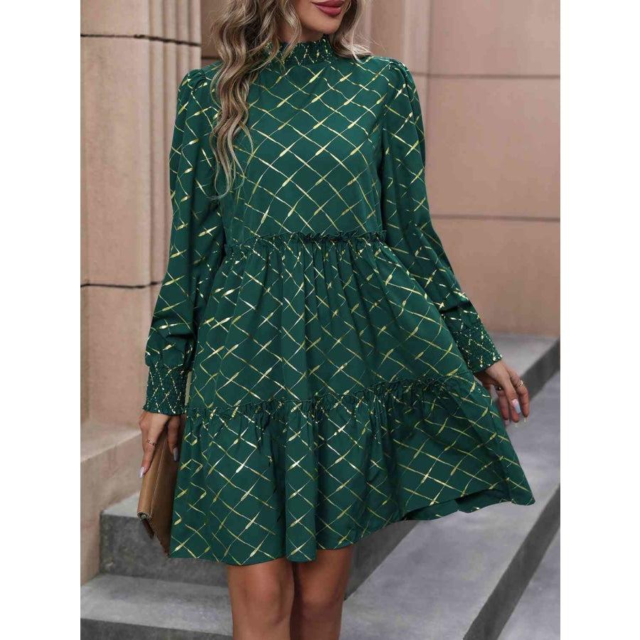 Mock Neck Frill Trim Mini Dress Green / S