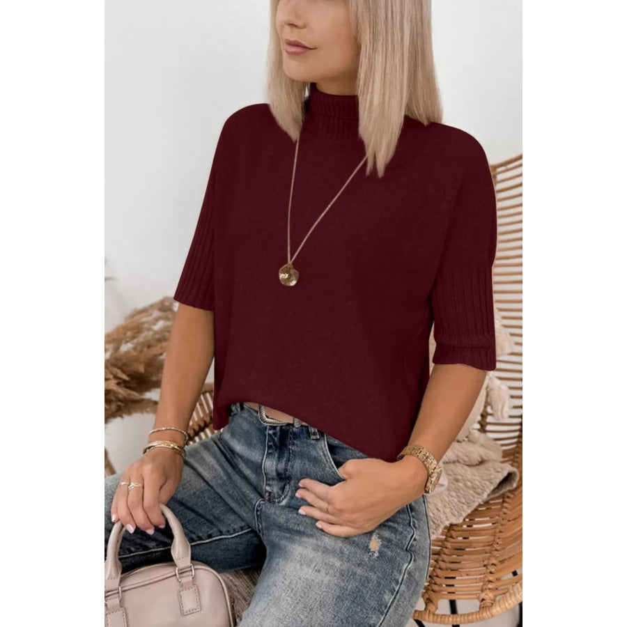 Mock Neck Half Sleeve Ribbed Sweater Apparel and Accessories