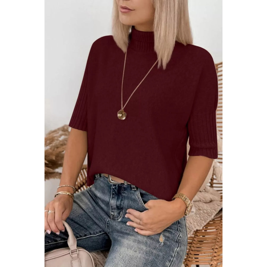 Mock Neck Half Sleeve Ribbed Sweater Apparel and Accessories