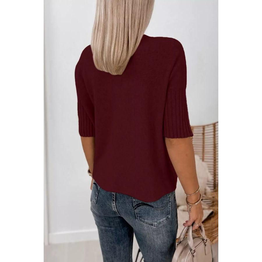 Mock Neck Half Sleeve Ribbed Sweater Apparel and Accessories