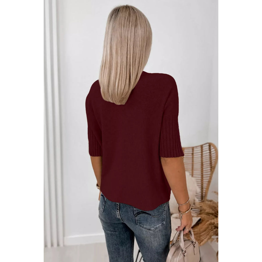 Mock Neck Half Sleeve Ribbed Sweater Burgundy / S Apparel and Accessories